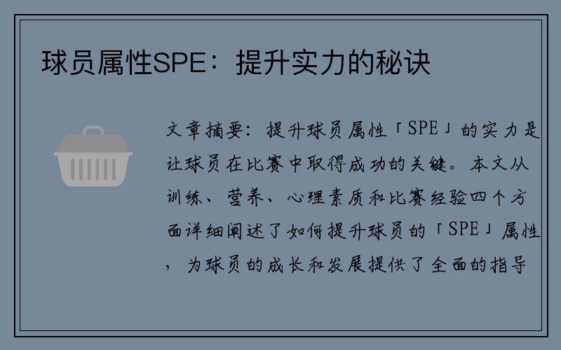 球员属性SPE：提升实力的秘诀