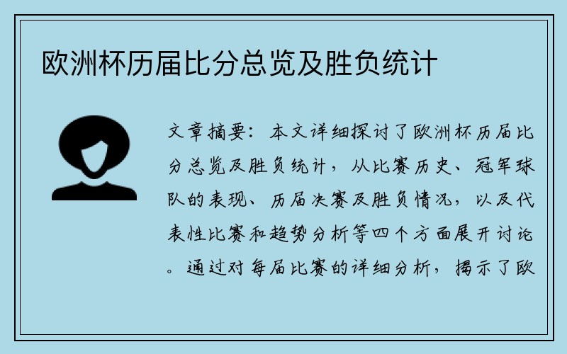 欧洲杯历届比分总览及胜负统计